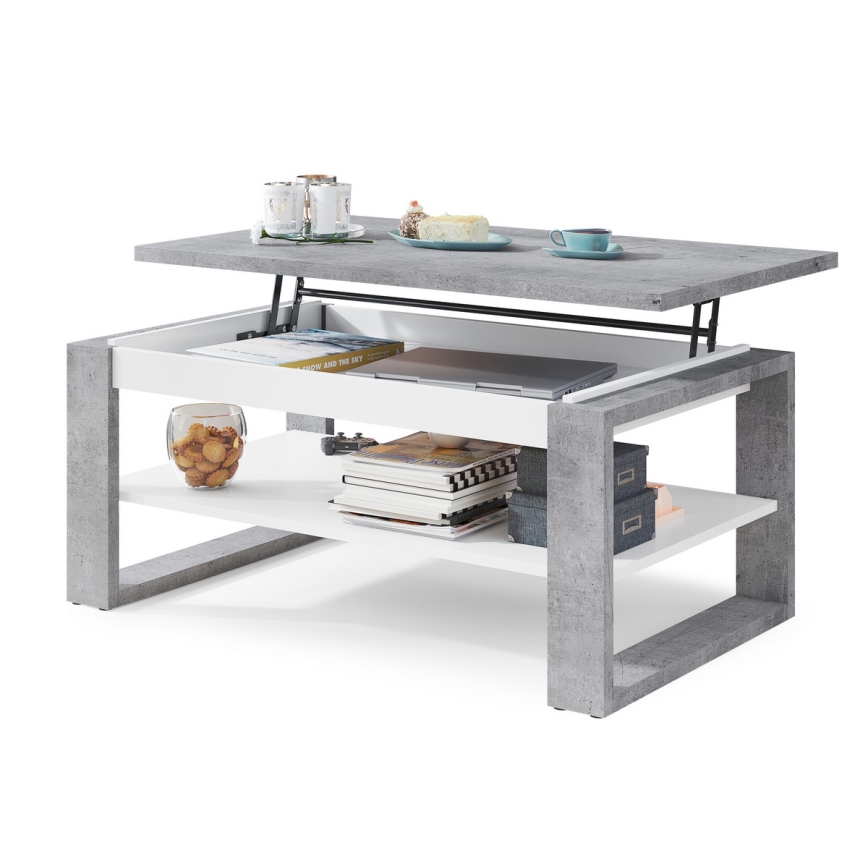 Mesa de centro con tablero elevable y estante NEA gris/blanco