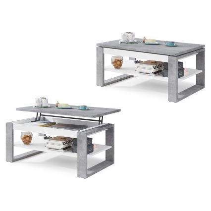Mesa de centro con tablero elevable y estante NEA gris/blanco