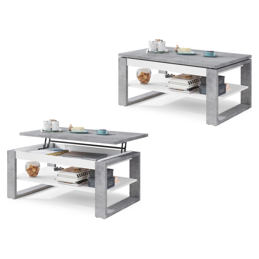 Mesa de centro con tablero elevable y estante NEA gris/blanco