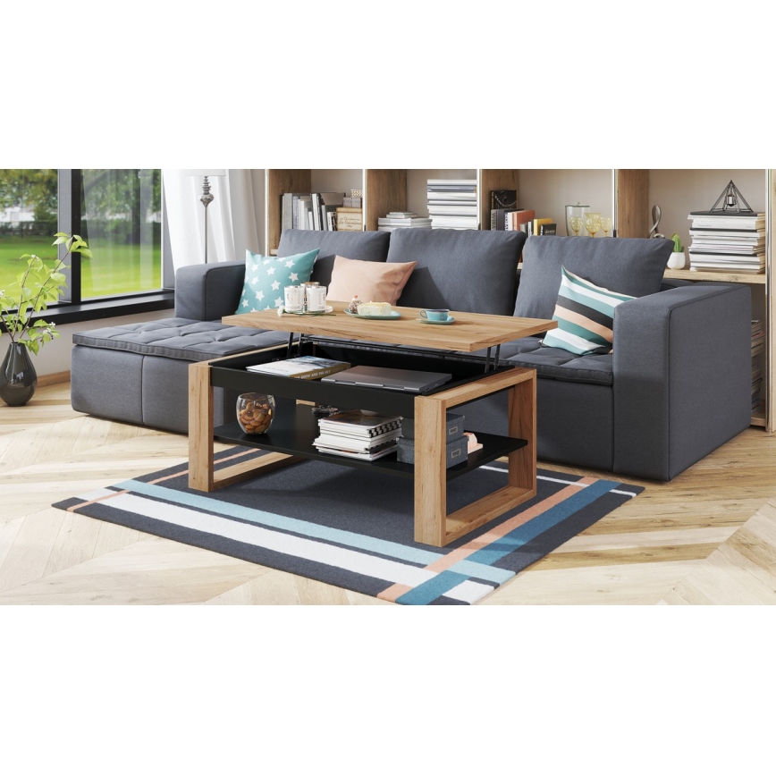 Mesa de centro con tablero elevable y estante NEA roble/negro