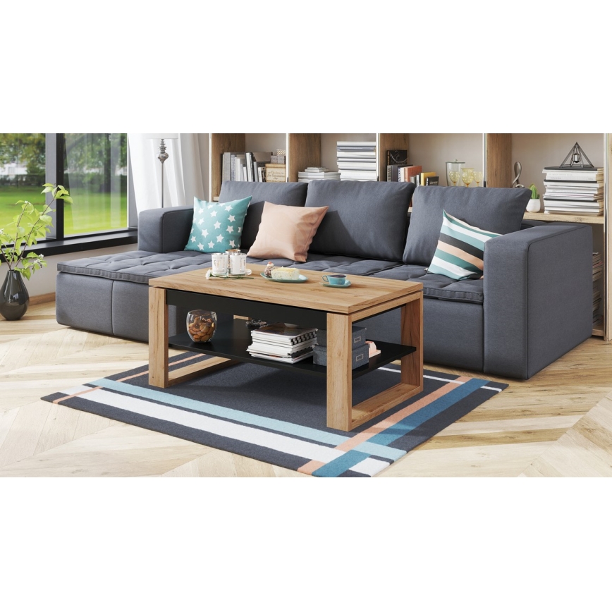Mesa de centro con tablero elevable y estante NEA roble/negro