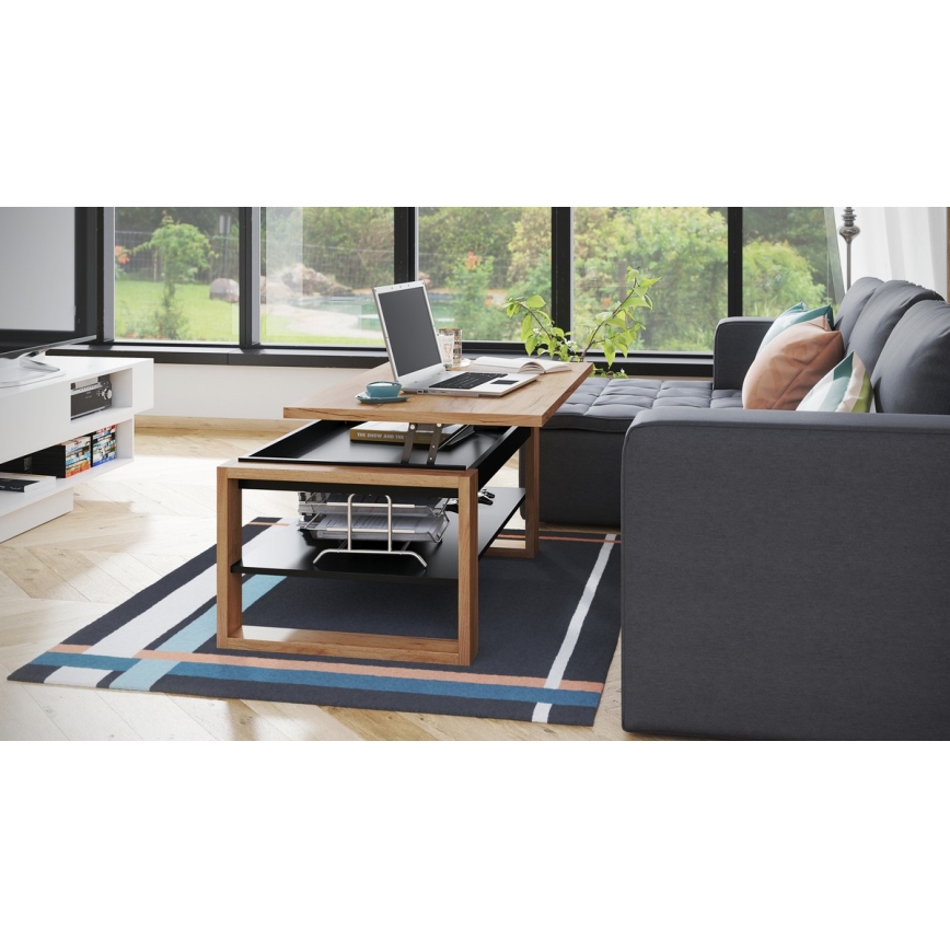 Mesa de centro con tablero elevable y estante NEA roble/negro