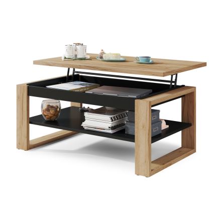 Mesa de centro con tablero elevable y estante NEA roble/negro