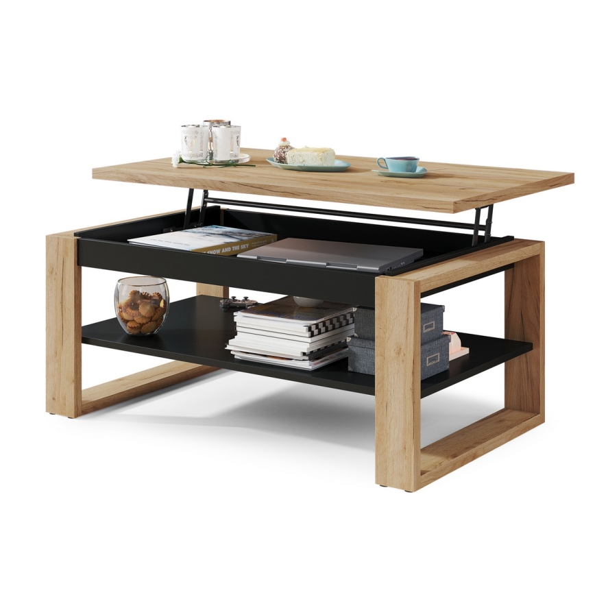 Mesa de centro con tablero elevable y estante NEA roble/negro