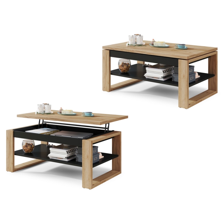 Mesa de centro con tablero elevable y estante NEA roble/negro