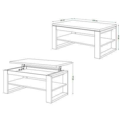 Mesa de centro con tablero elevable y estante NEA roble/negro