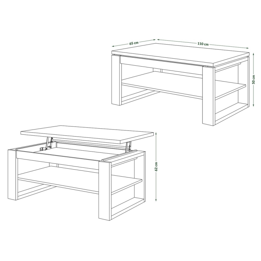 Mesa de centro con tablero elevable y estante NEA roble/negro