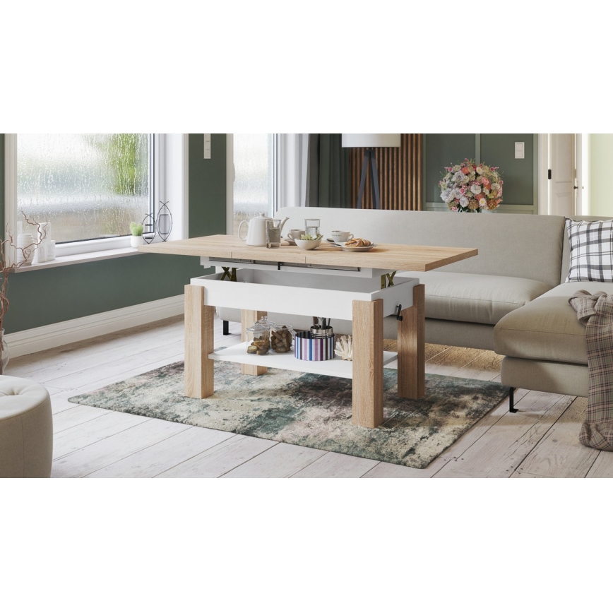 Mesa de centro plegable con estante ADONIS roble sonoma/blanco