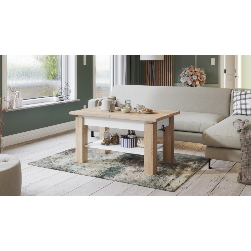 Mesa de centro plegable con estante ADONIS roble sonoma/blanco
