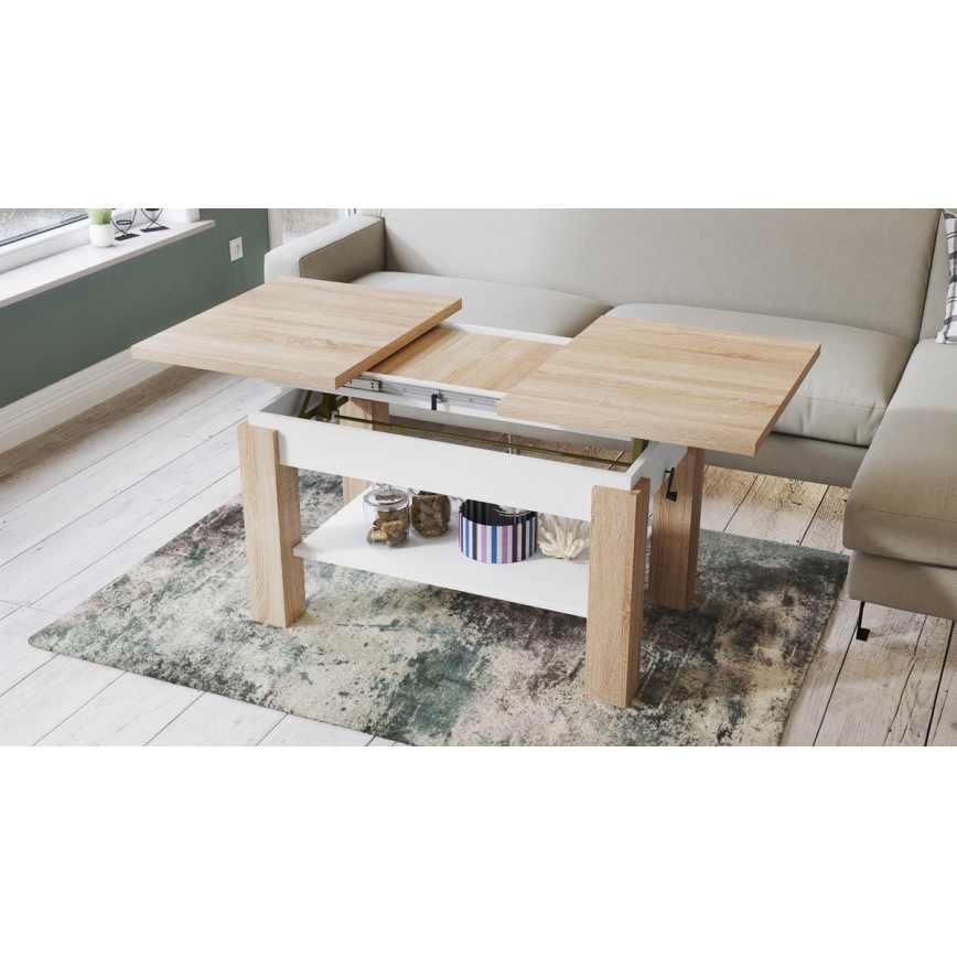 Mesa de centro plegable con estante ADONIS roble sonoma/blanco