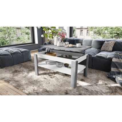 Mesa de centro plegable con tablero elevable con estante ADEN gris/blanco