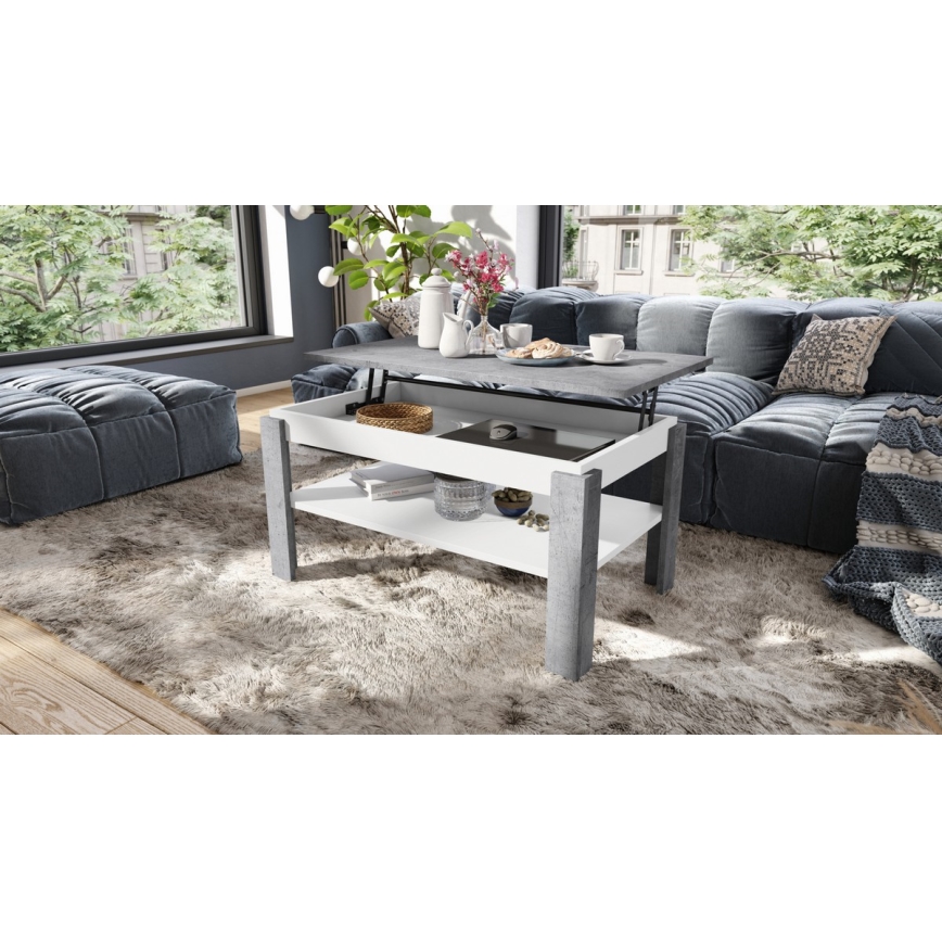 Mesa de centro plegable con tablero elevable con estante ADEN gris/blanco
