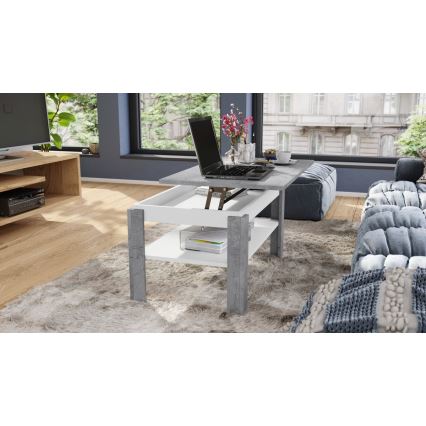 Mesa de centro plegable con tablero elevable con estante ADEN gris/blanco