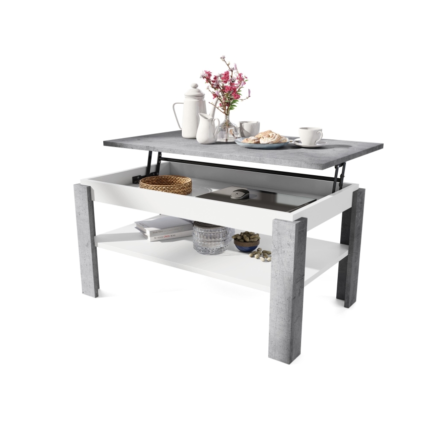 Mesa de centro plegable con tablero elevable con estante ADEN gris/blanco