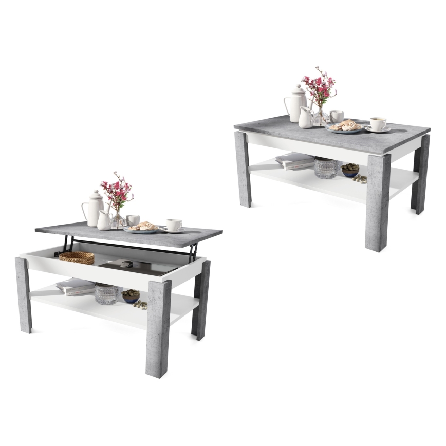 Mesa de centro plegable con tablero elevable con estante ADEN gris/blanco