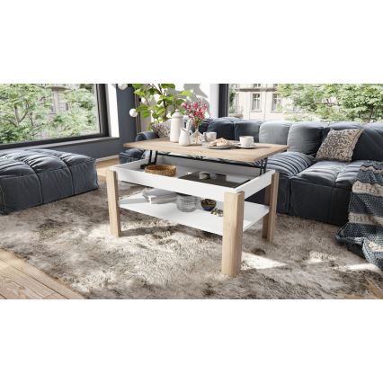 Mesa de centro plegable con tablero elevable con estante ADEN roble sonoma/blanco