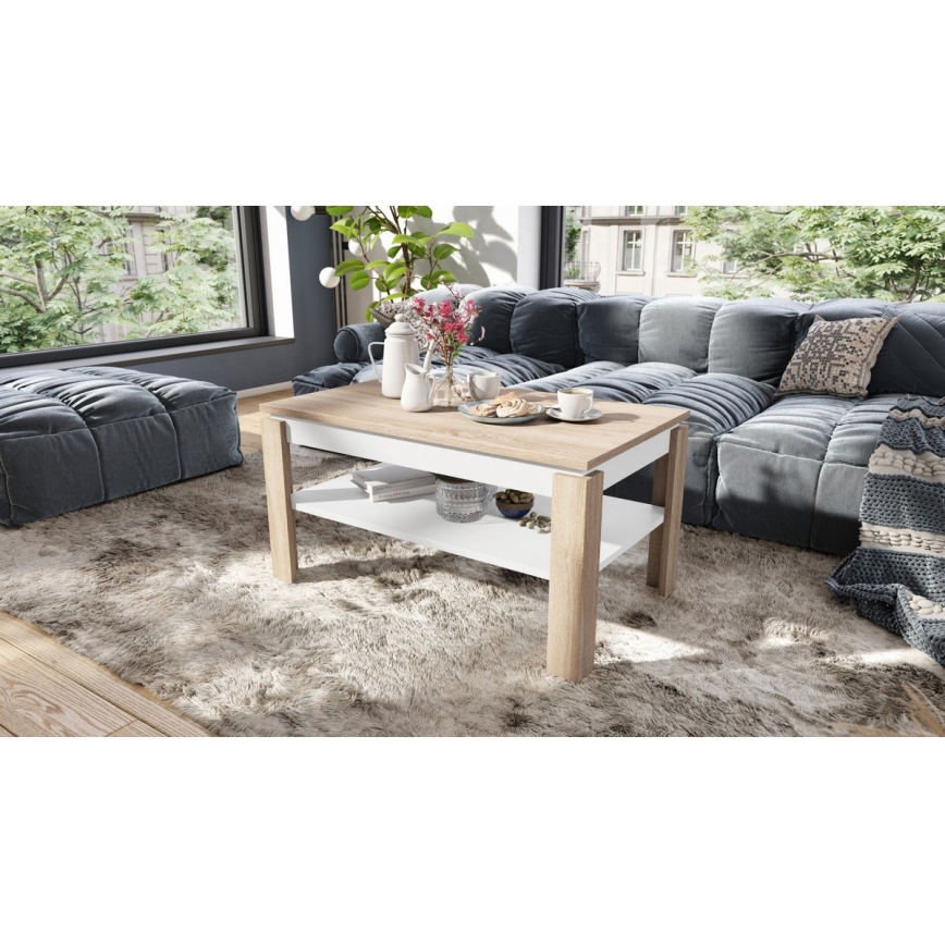 Mesa de centro plegable con tablero elevable con estante ADEN roble sonoma/blanco
