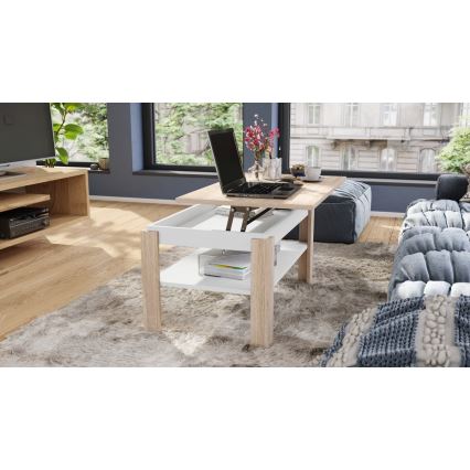 Mesa de centro plegable con tablero elevable con estante ADEN roble sonoma/blanco