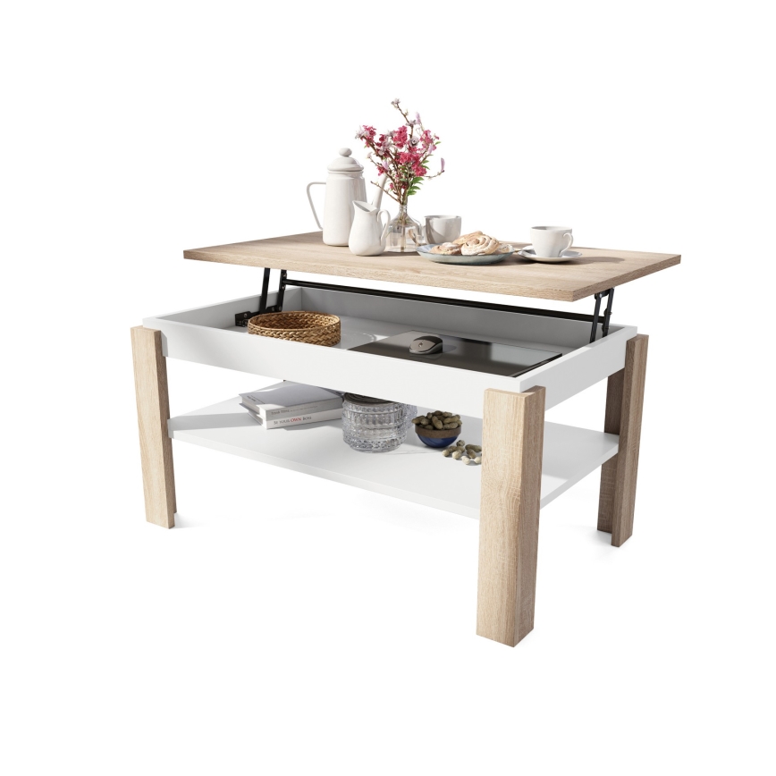 Mesa de centro plegable con tablero elevable con estante ADEN roble sonoma/blanco