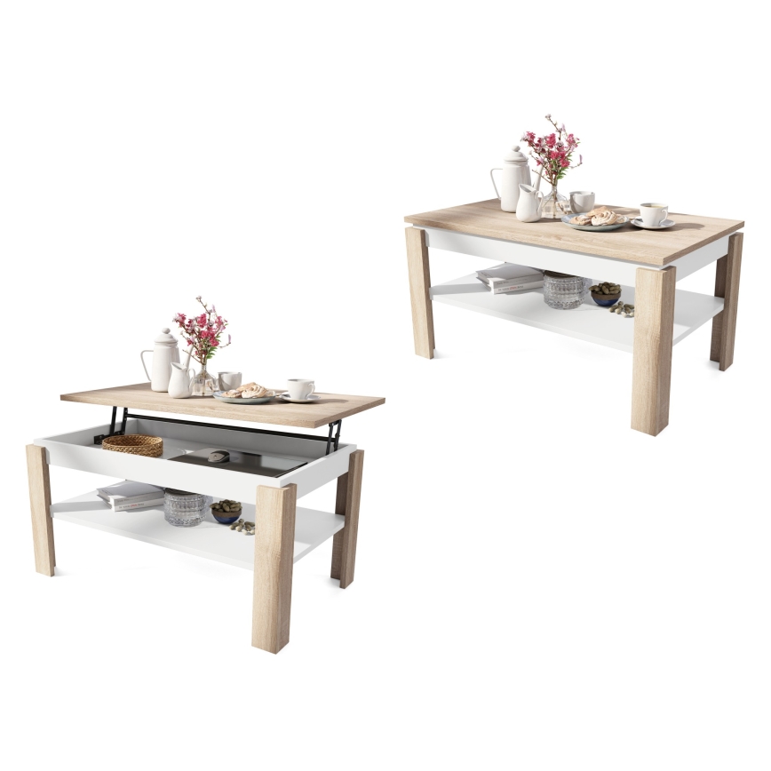 Mesa de centro plegable con tablero elevable con estante ADEN roble sonoma/blanco