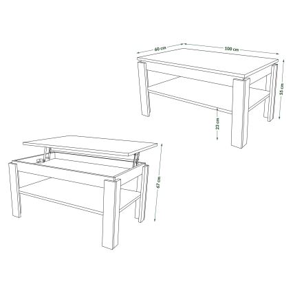 Mesa de centro plegable con tablero elevable con estante ADEN roble sonoma/blanco