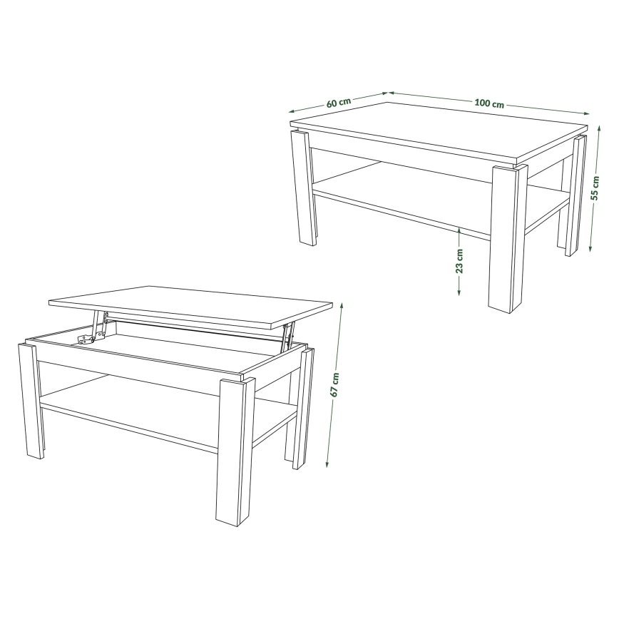 Mesa de centro plegable con tablero elevable con estante ADEN roble sonoma/blanco