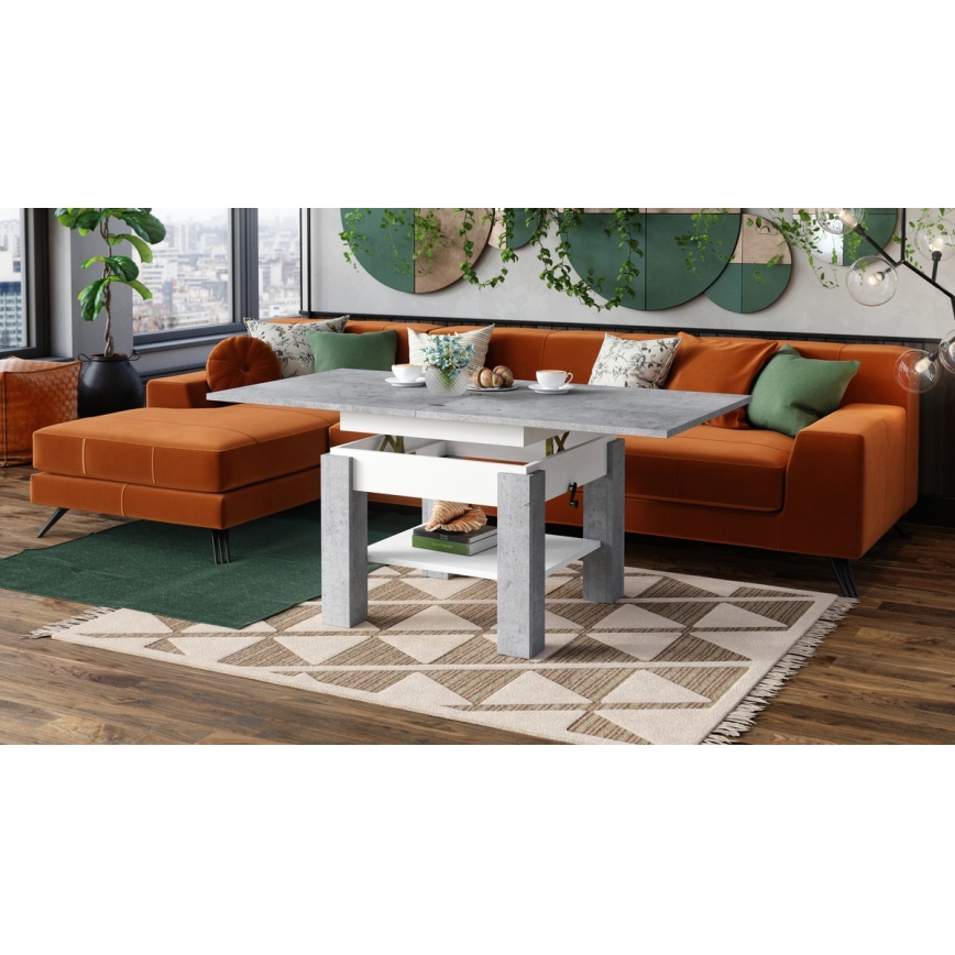 Mesa de centro plegable con tablero elevable con estante CALEB gris/blanco