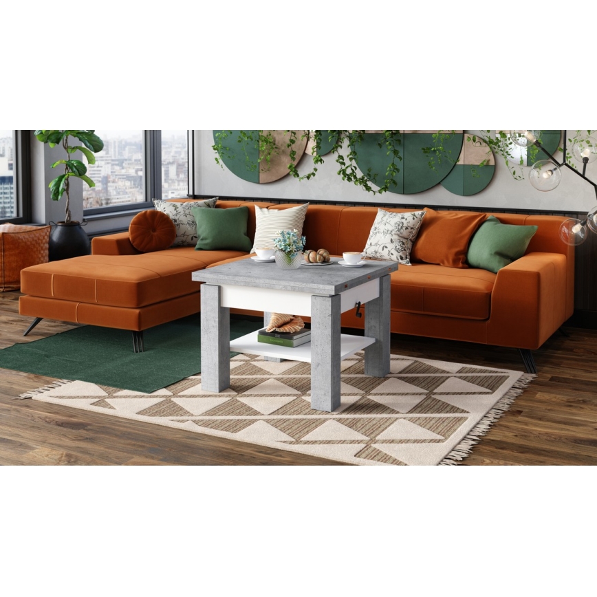 Mesa de centro plegable con tablero elevable con estante CALEB gris/blanco