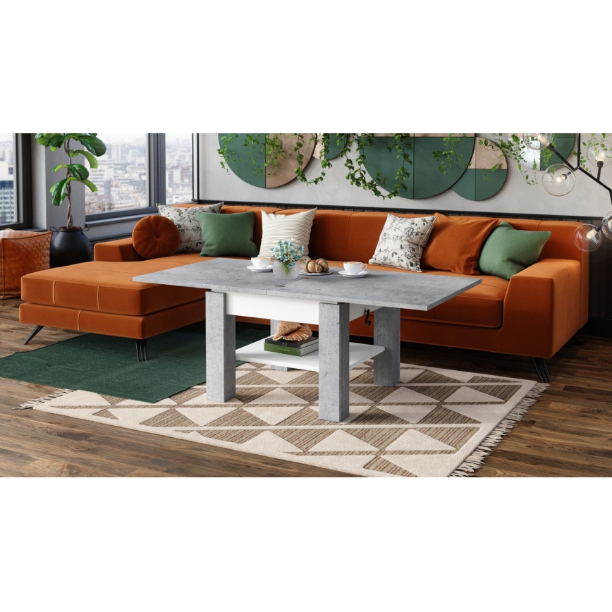 Mesa de centro plegable con tablero elevable con estante CALEB gris/blanco