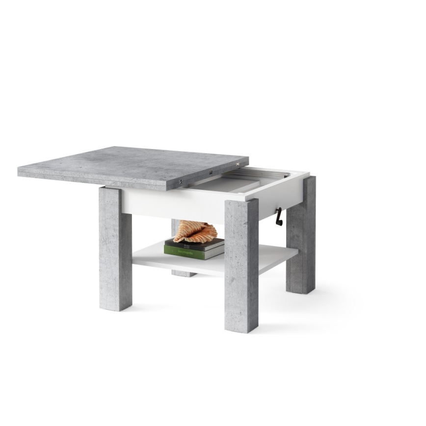Mesa de centro plegable con tablero elevable con estante CALEB gris/blanco