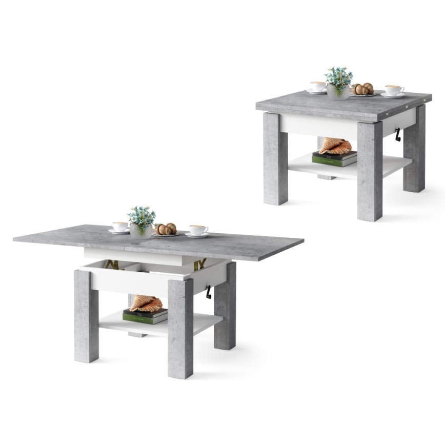 Mesa de centro plegable con tablero elevable con estante CALEB gris/blanco