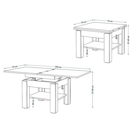 Mesa de centro plegable con tablero elevable con estante CALEB gris/blanco
