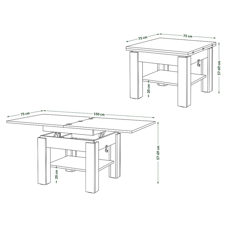 Mesa de centro plegable con tablero elevable con estante CALEB gris/blanco