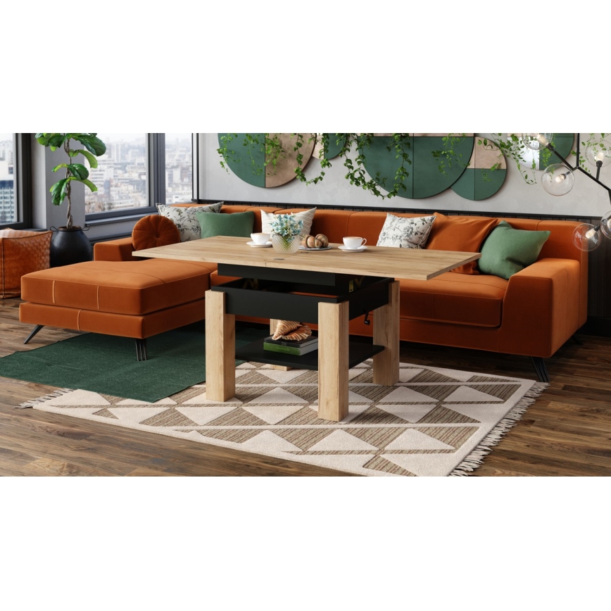 Mesa de centro plegable con tablero elevable con estante CALEB roble/negro