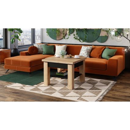 Mesa de centro plegable con tablero elevable con estante CALEB roble/negro