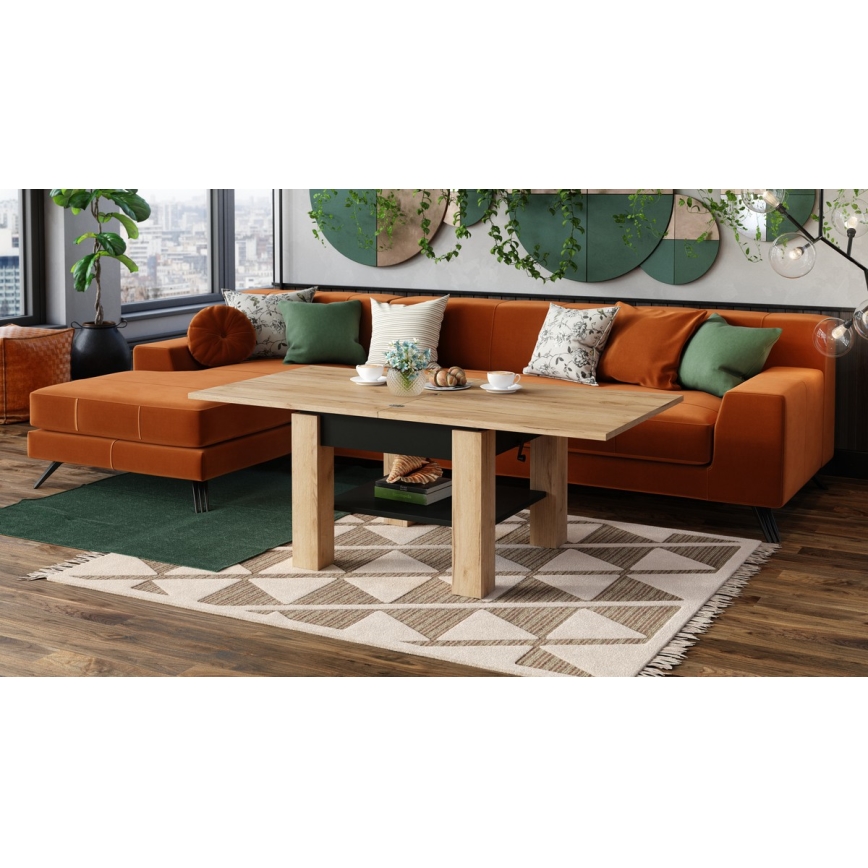 Mesa de centro plegable con tablero elevable con estante CALEB roble/negro