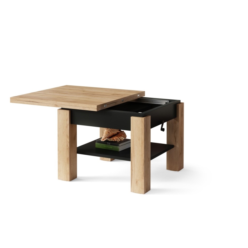 Mesa de centro plegable con tablero elevable con estante CALEB roble/negro