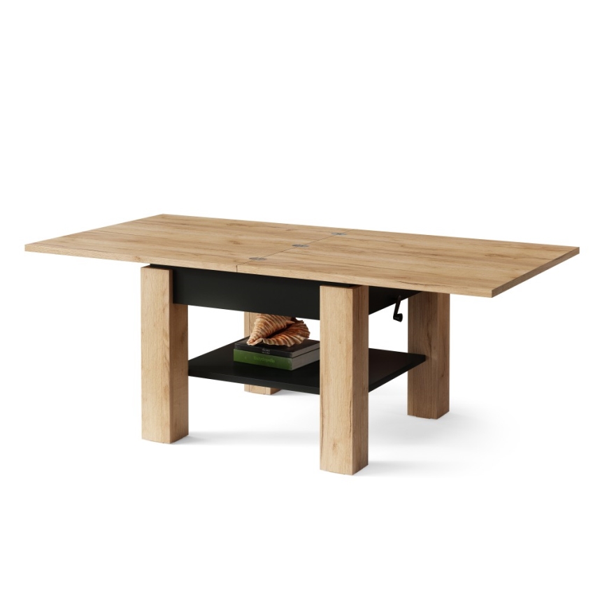 Mesa de centro plegable con tablero elevable con estante CALEB roble/negro