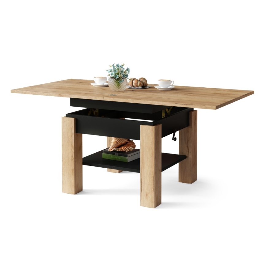 Mesa de centro plegable con tablero elevable con estante CALEB roble/negro
