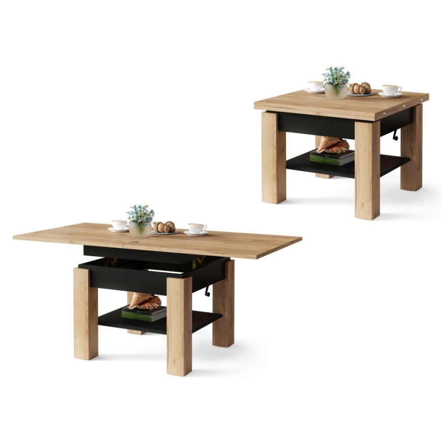 Mesa de centro plegable con tablero elevable con estante CALEB roble/negro