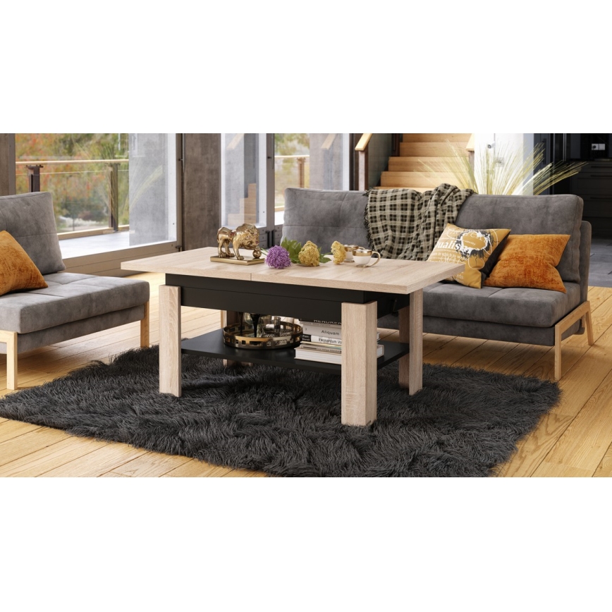 Mesa de centro plegable con tablero elevable ROY roble/negro