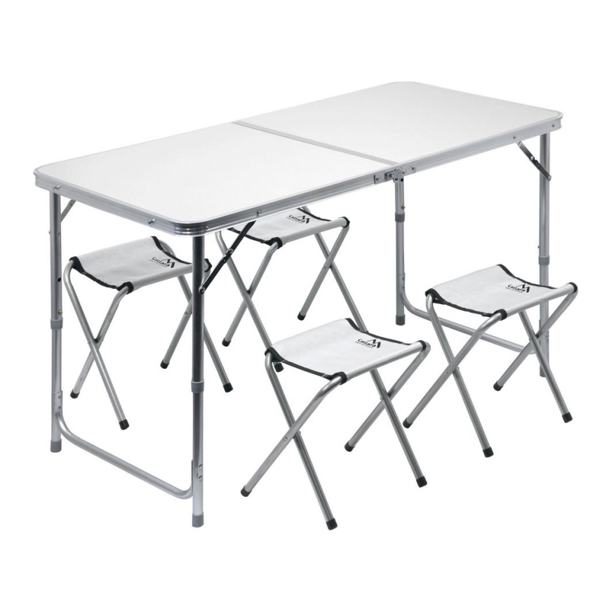 Mesa plegable de camping + 4x silla blanco/cromo mate