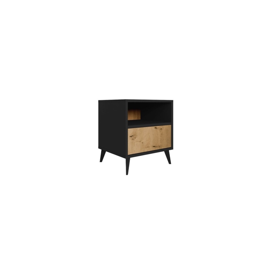 Mesilla de noche OVESSI 52x47 cm negro/roble artesanal