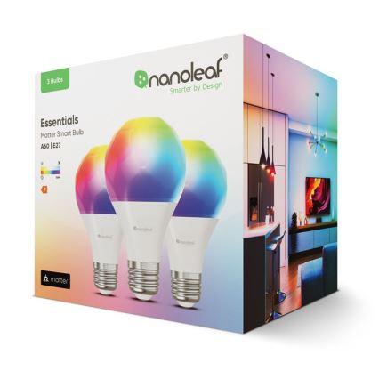 SET 3x Bombilla LED RGBW regulable ESSENTIALS A60 E27/8,5W/230V CRI 90 2700-6500K Wi-Fi - Nanoleaf