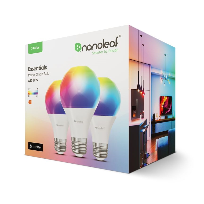 SET 3x Bombilla LED RGBW regulable ESSENTIALS A60 E27/8,5W/230V CRI 90 2700-6500K Wi-Fi - Nanoleaf
