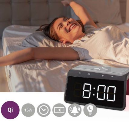 Despertador con pantalla LCD y cargador inalámbrico 15W/230V negro