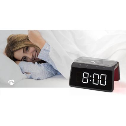 Despertador con pantalla LCD y cargador inalámbrico 15W/230V negro