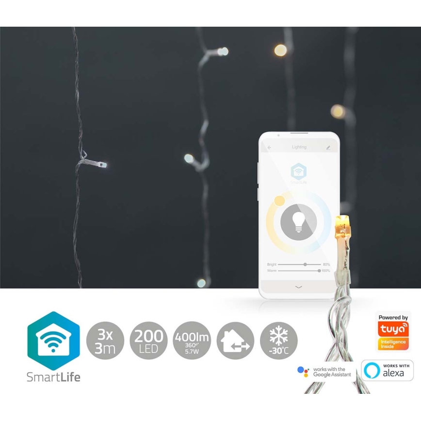 Cortina de Navidad LED 200xLED/11 funciones 6m IP65 Wi-Fi Tuya blanco cálido a frío