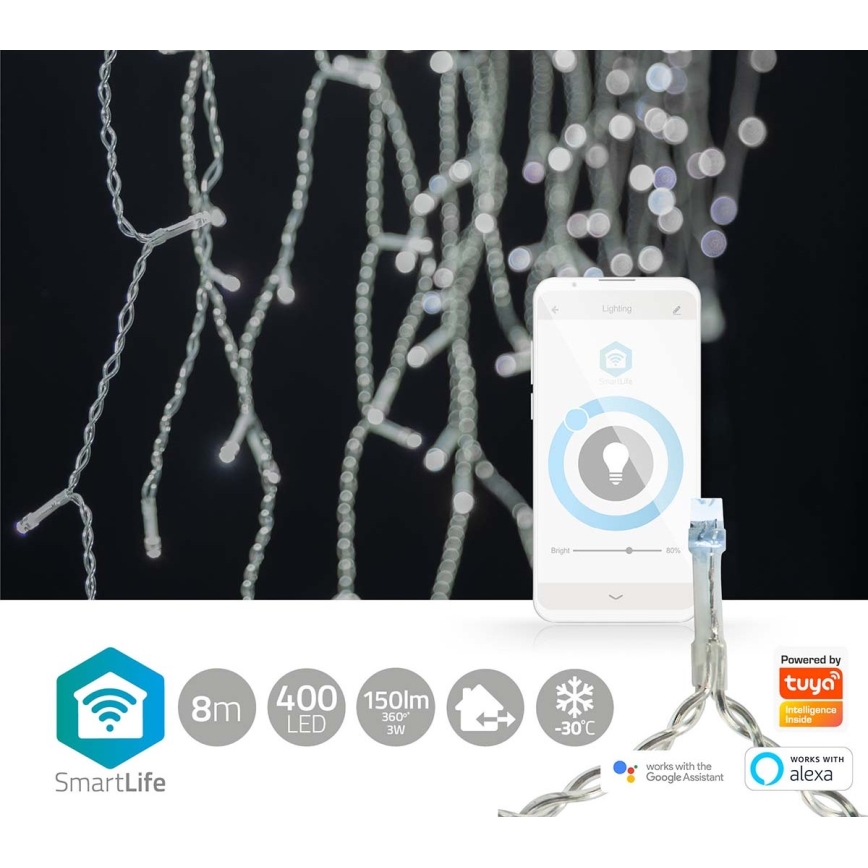 Cortina LED de Navidad para exteriores 400xLED/8 funciones 11m IP65 Wi-Fi Tuya blanco frío