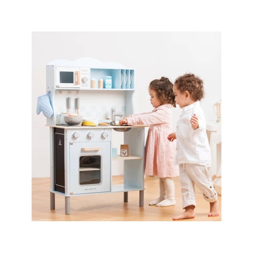 New Classic Toys - Cocina de madera con accesorios azul claro